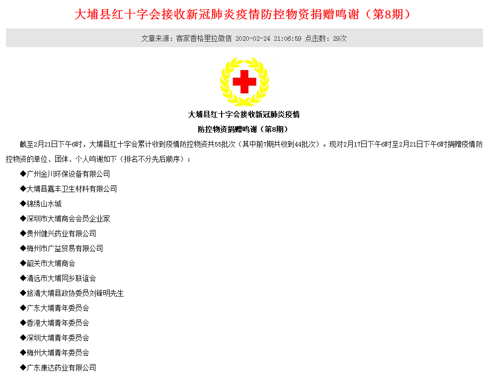 金川給大埔縣紅十字會(huì)、蕉嶺縣紅十字會(huì)等捐贈(zèng)消毒液用于疫情防控